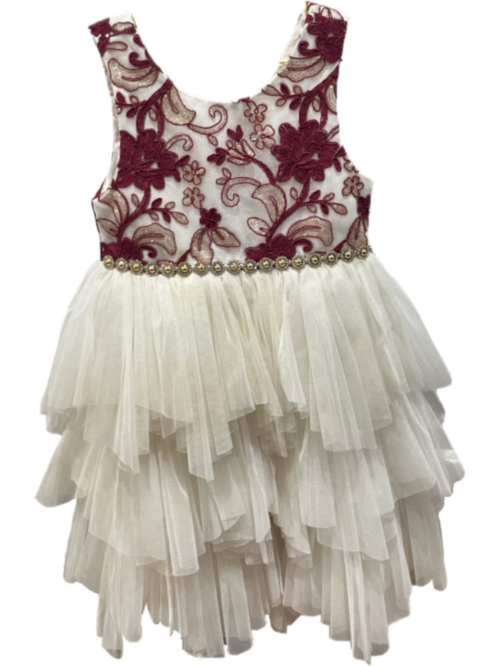 American Princess Ivory Tulle Dress with Burgundy Floral Bodice